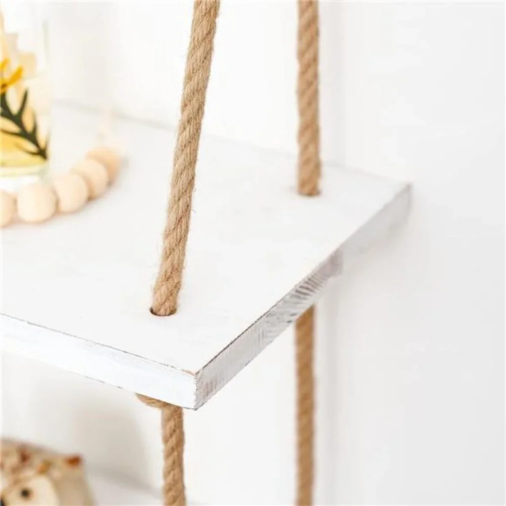 Hanging Shelves 3 Tier White Wood Wall Mount Floating Shelf with Rope Boho Decor